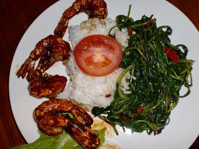 shrimps, kangkung and white rice